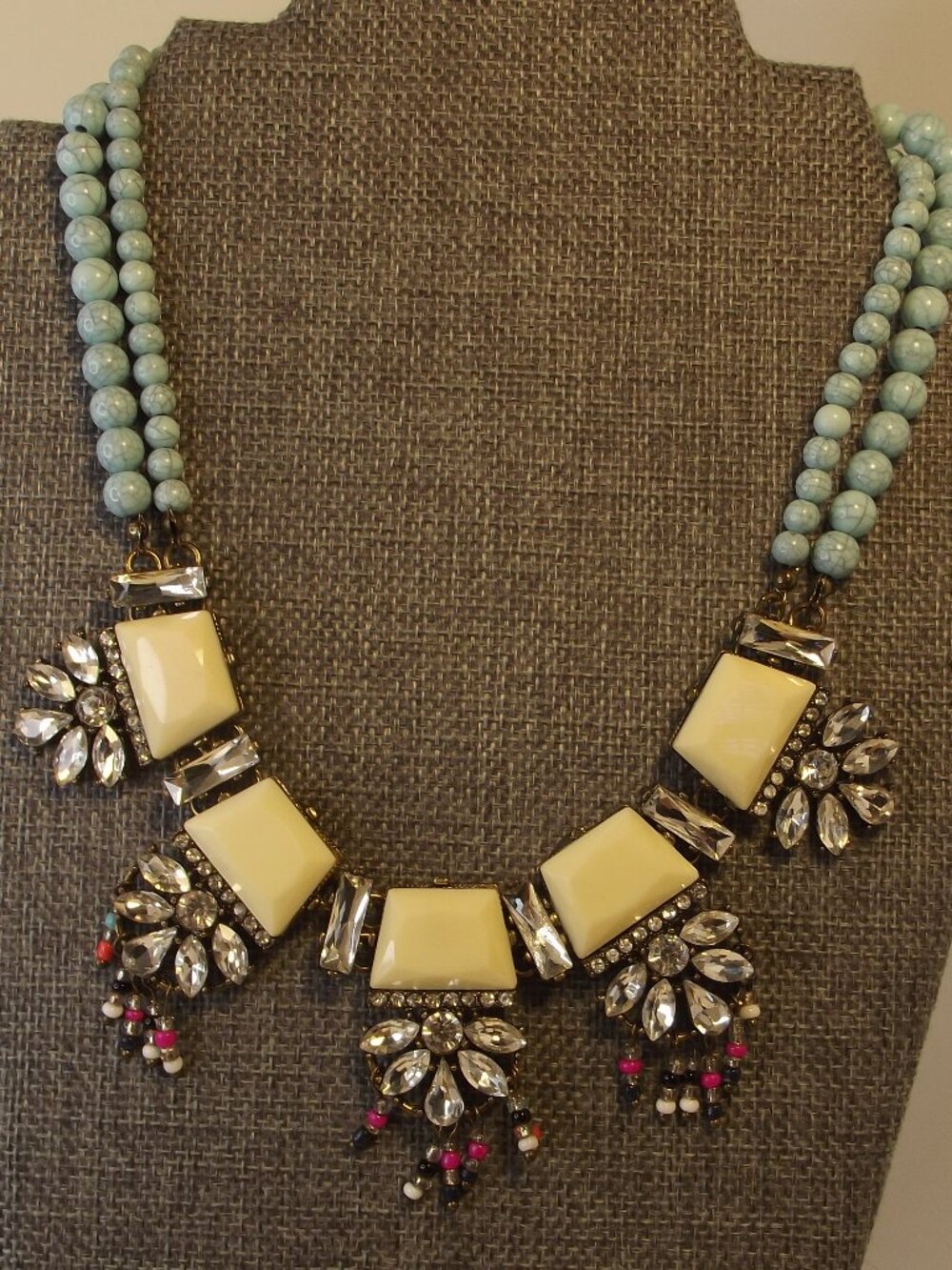 Statement Necklace Rhinestones Faux Ivory & Howlite Beads
